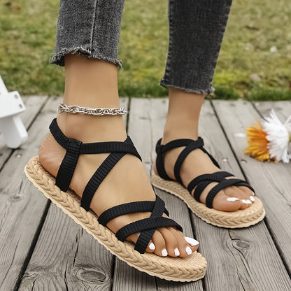 Women's Stylish Black Flat Sandals with Adjustable Ankle Straps - Breathable Fabric Upper, EVA Sole, Low Heel for Casual Wear, Beach, and Spring Outings, Strappy Sandals