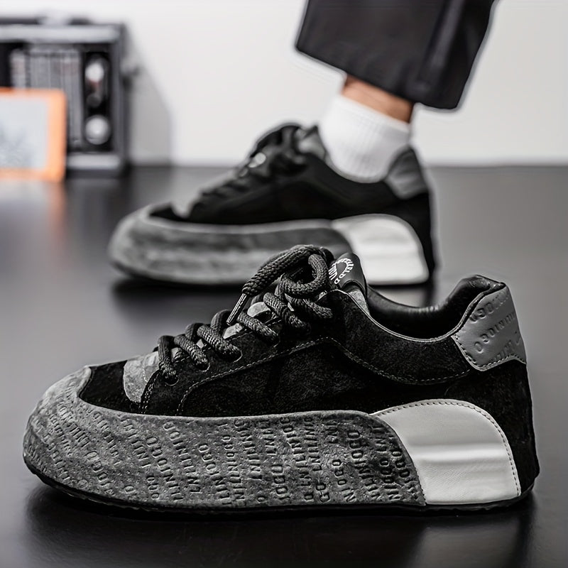 Men's Lightweight Breathable Casual Sneakers - Thick Cushioned Sole, Lace-Up Low-Top Design, Durable PU & PVC Construction for All-Season Outdoor, Gym, Running & Daily Wear - Black, Outdoor Walking Shoes, Chunky Sole, Comfort