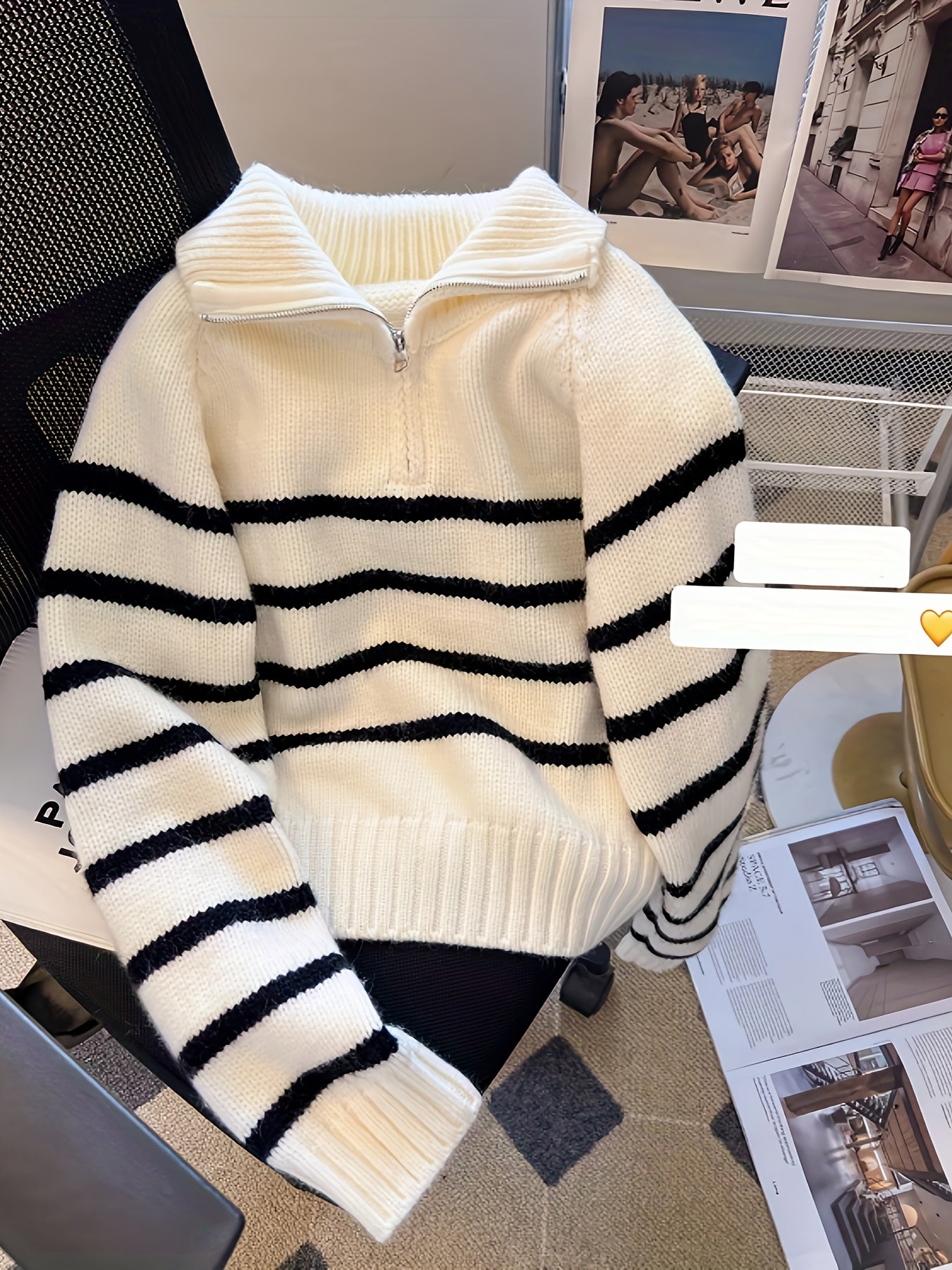 Striped Color Block Collared Sweater for Women Autumn Winter New Arrival Thick Half Zip Loose Soft Knit Top