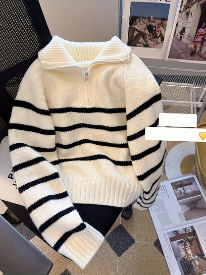 Striped Color Block Collared Sweater for Women Autumn Winter New Arrival Thick Half Zip Loose Soft Knit Top
