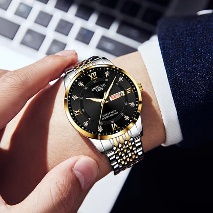 Elegant Men'S Stainless Steel Quartz Watch with Luminous Hands, Date Display & Week Indicator - Classic Design, Non-Waterproof, Battery Powered - Ideal Gift for Christmas, Halloween, Campus Related Events, Everyday Watch|Clas
