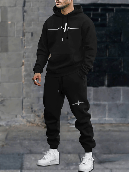 1set Men'S Casual Geometric Heartbeat Pattern Hoodie and Sweatpants Set, Polyester and Spandex Blend, Loose Fit, Hooded Pullover for Autumn/Winter