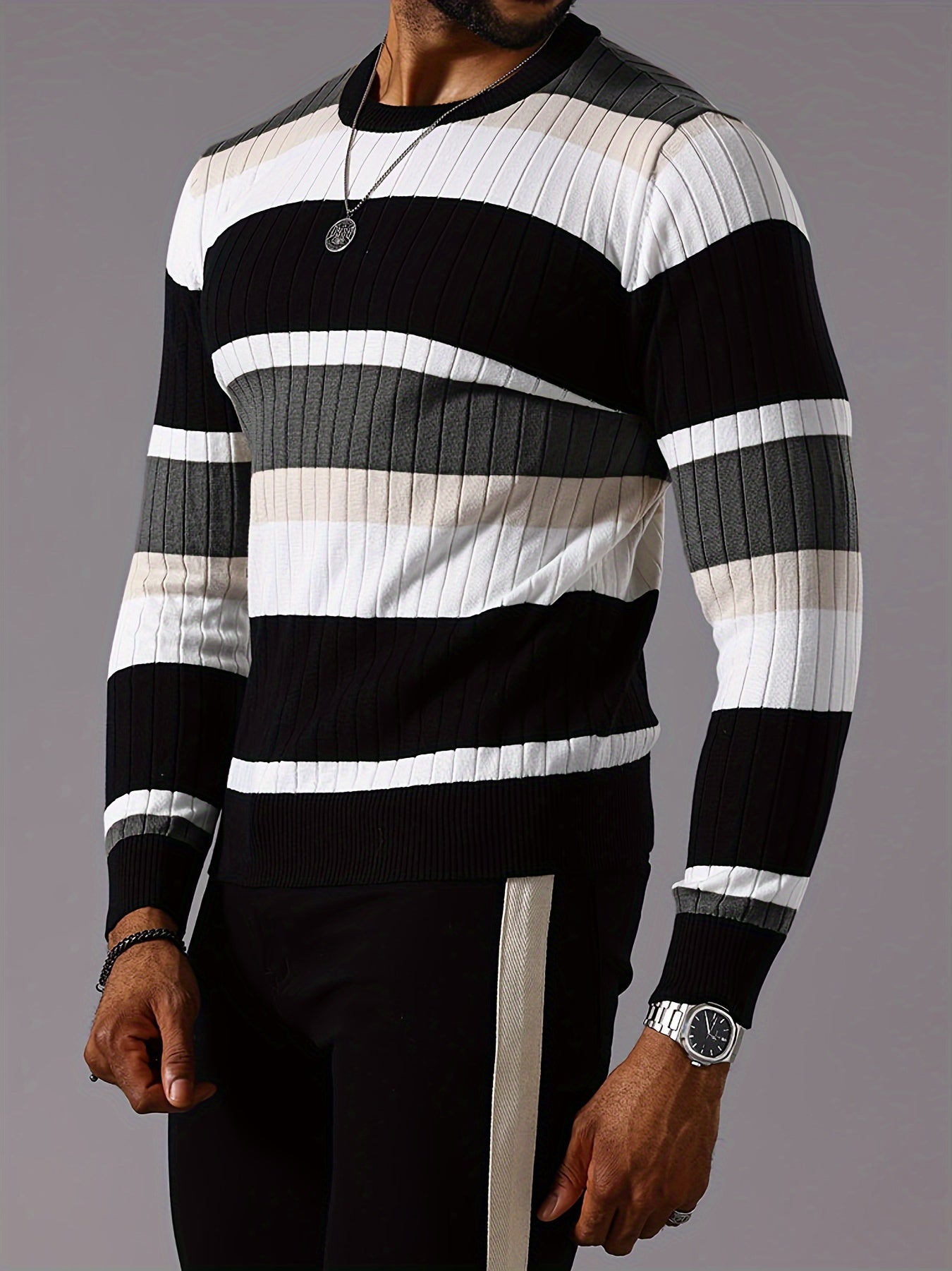 Men's Striped Color-Block Ribbed Knit Sweater - Long Sleeve Round Neck Pullover with Elastic Comfort Fit, Machine Washable Casual Fall Winter Top in Black/White/Green/Beige, Knit Sweater, Medium Elasticity