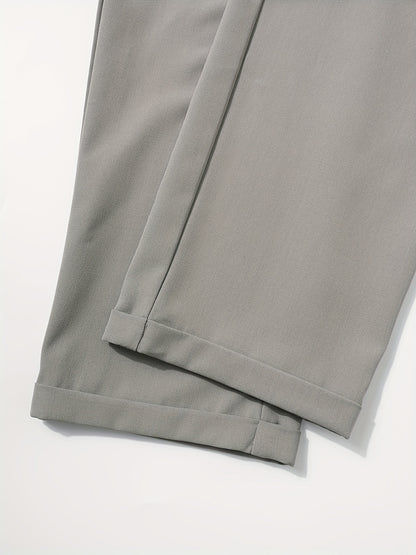 Men's Sleek Solid Color Dress Pants - Polyester, Mid-Rise with Pockets, Ideal for Office & Casual Wear in Spring/Summer, Non-Stretch Fabric