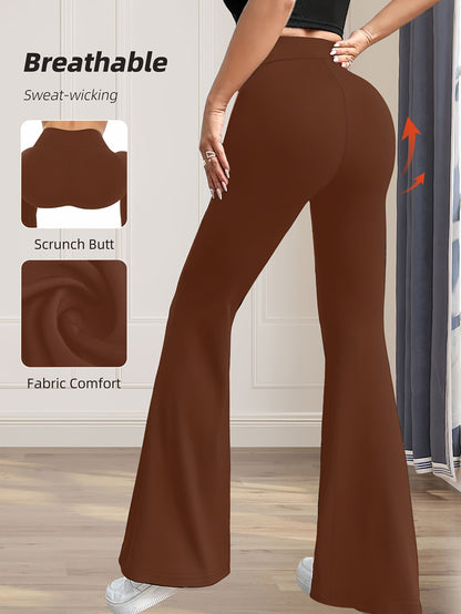 High-Waisted Flared Leggings for Women - Stretchy Black Polyester Pants with Tummy Control, Slimming Fit, and Breathable Design for Spring/Summer/Fall Casual Wear, Spring Summer Leggings | Fitted Leggings | Elastic Waistband
