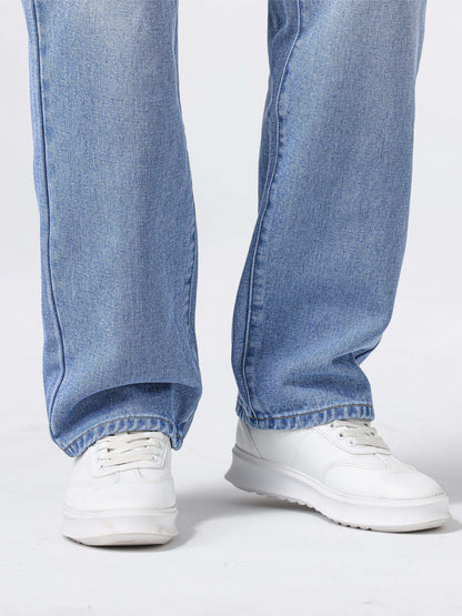 Men'S Loose Fit Straight Leg Jeans, Cotton 85% Polyester 15% Denim, Washed Solid Color Casual Style