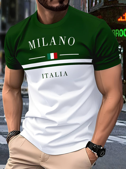Men's casual short-sleeve round-neck striped polyester knit T-shirt, breathable, 110g/m², slightly stretchy, regular fit, smooth texture, suitable for summer weekend wear