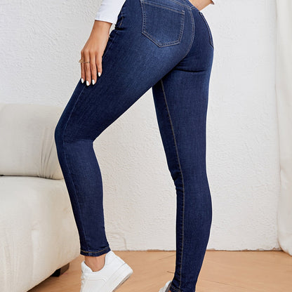 Women's Casual Plain Light Blue Skinny Jeans, Stretchy Denim Pants, Classic Design, High Waist Slim Fit For Everyday Fashion - Perfect For Fall & Winter