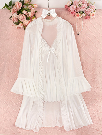 Sexy Mesh Semi-Sheer Strap+Cute Ruffle Long Sleeve Lightweight Mesh Outerwear Pajama Set