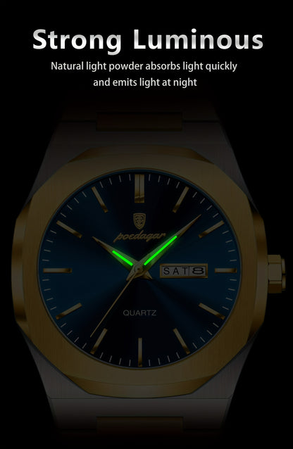 POEDAGAR Men'S Luxury Quartz Watch - Waterproof, Luminous Calendar, Stainless Steel Band, Business Style, Blue & Golden Accents, 3ATM, Non-Rechargeable Button Battery, Perfect for Spring Festival & Valentine'S Day Gifts