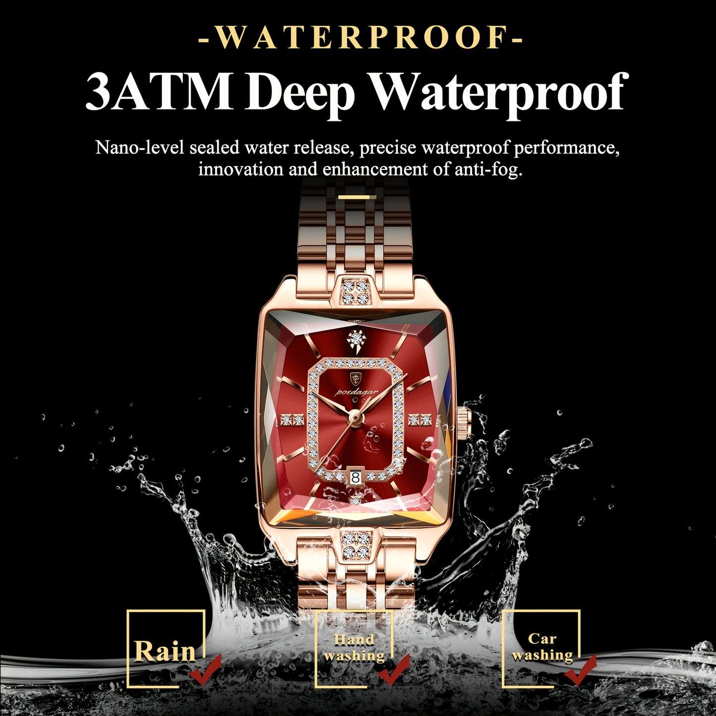 POEDAGAR Elegant Women's Quartz Watch - Rose Golden Stainless Steel, (3ATM), Square Dial with Gemstone Accents, Date Display, Luxury Fashion Accessory for Casual or Formal Occasions