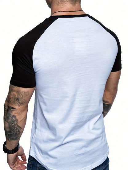 Chic Printed T-shirt, Men's Casual Street Style Stretch Round Neck Tee Shirt For Summer