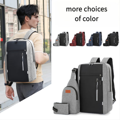 Three-Piece Set: Laptop Bag, Chest Bag, Wallet - Multi-Layer Oxford Fabric Adjustable Shoulder Backpack with Reflective Strip Design, Breathable Wide Strap Large Capacity Casual Storage Bag for Men, Suitable for Daily Commute