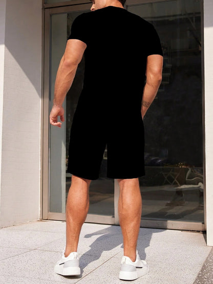 Men's Summer Casual Sportswear Set, Breathable 3D Print Crew Neck T-Shirt and Shorts, Polyester Knit Fabric, Slight Stretch, Regular Fit, Outdoor Leisure Wear
