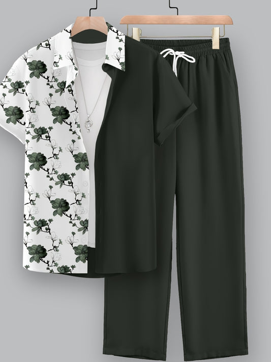 Men's Casual 2-Piece Set, Random Print Short Sleeve Shirt And Drawstring Pants, Regular Fit, Casual Beach Vacation Outfit