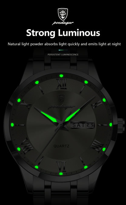 POEDAGAR Men'S Quartz Watch, Sports Style, Waterproof 3ATM, Luminous Calendar, Stainless Steel Strap, Pointer Display, Alloy Case, Electronic Drive, Non-Rechargeable Button Battery, with Spring Festival and Football Holiday T