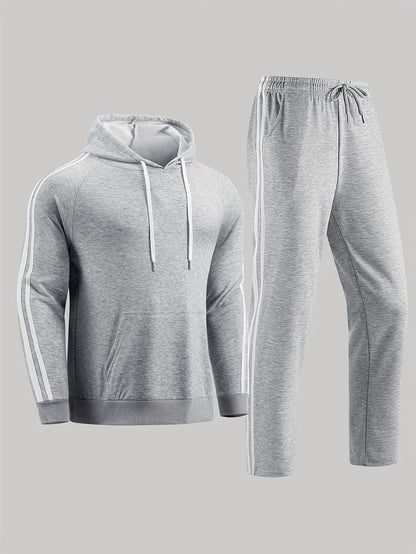 A Set of Two Men'S Casual Sports Outfits, Featuring a Striped Design with Moderately Soft Fabric, Suitable for Outdoor Running And Fitness Activities in All Seasons.