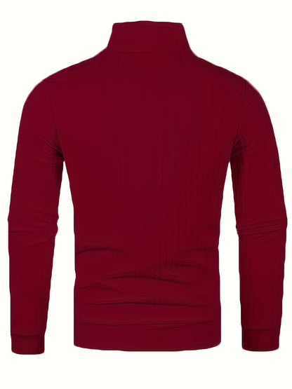 Men'S Casual Polyester Sweater, Solid Color, High Neck Quarter Zip, Long-Sleeved Pullover, Regular Fit, 100% Polyester Knit Fabric, 230g/m² - Fall/Winter Essential