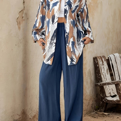 Women'S Elegant Floral Print Blouse and Wide-Leg Pants Set - Lightweight Polyester, Button-Up Shirt with Pockets, Perfect for Spring/Summer, Casual Attire|Floral Print Top|Polyester Fabric