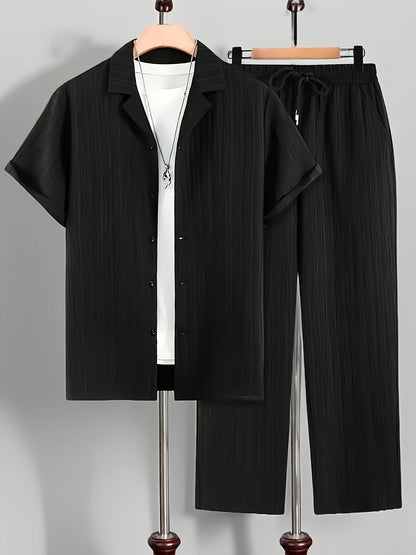2pcs Men'S Casual Summer Set - Short Sleeve Button-Up Cuban Collar Shirt and Drawstring Waist Pants, Polyester Blend, Solid Color, Regular Fit, Breathable Fabric, Lightweight for Daily Wear