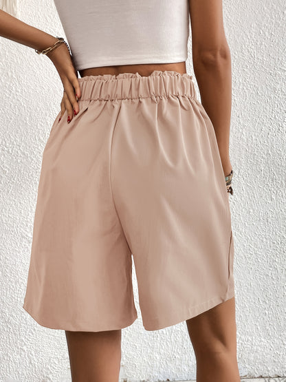 Women's Casual High-Waisted Wide-Leg Shorts with Elastic Waistband & Slant Pockets - Beige, Loose Fit, Solid Color, Perfect for Casual Attire, High Waisted Shorts