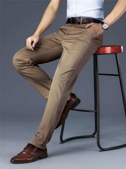 [Durable Build] Men's All-Season Casual Dress Pants - Business Style Stretch Trousers, Comfortable Classic Design, Light Brown Polyester Blend, Machine Washable, Smooth Finish, Regular Fit for Office or Leisure Wear