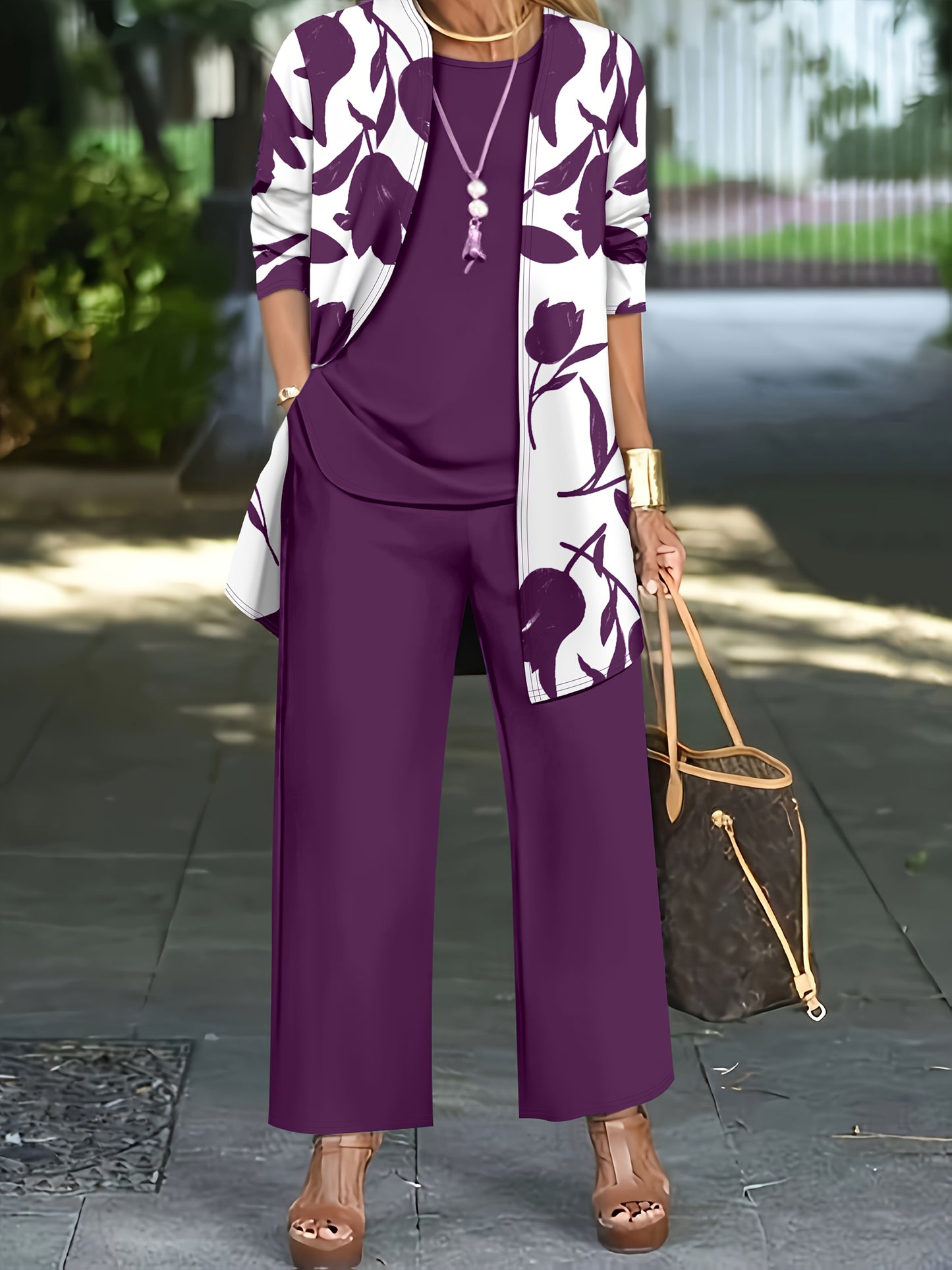 Women'S 3pcs Set, Floral Print Cardigan with Solid Color Cami and Wide-Leg Pants Casual Outfit