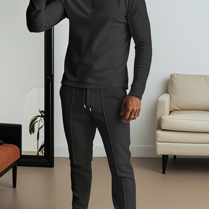 2025 collar half zipper long sleeved two-piece set, collar zipper allows for free breathing, casual pants to wear, knitted fabric is softer, multi color and multi style, Men's solid color is simple and not simple.