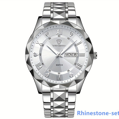 Fashionable Men'S Quartz Watch with a Diamond-shaped Dial, IPX7 Waterproof, Dual Calendar, Luminous Steel Strap, Business Watch