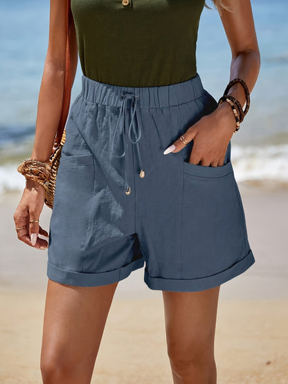 Dual Pockets High Waist Loose Shorts, Casual Elastic Waist Tied Shorts For Spring & Summer, Women's Clothing