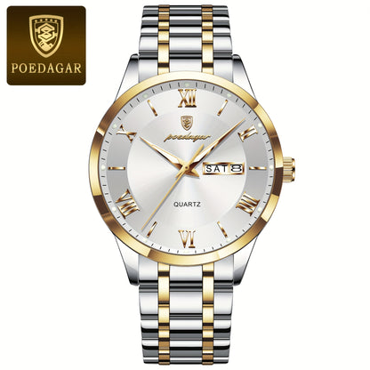 POEDAGAR Men'S Quartz Watch, Sports Style, Waterproof 3ATM, Luminous Calendar, Stainless Steel Strap, Pointer Display, Alloy Case, Electronic Drive, Non-Rechargeable Button Battery, with Spring Festival and Football Holiday T