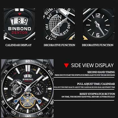 BINBOND Men's Luxury Quartz Watch - Sleek Black, Waterproof with Calendar & Luminous Hands, Stainless Steel Band, Date Display, Chronograph & World Time Features for Business Casual