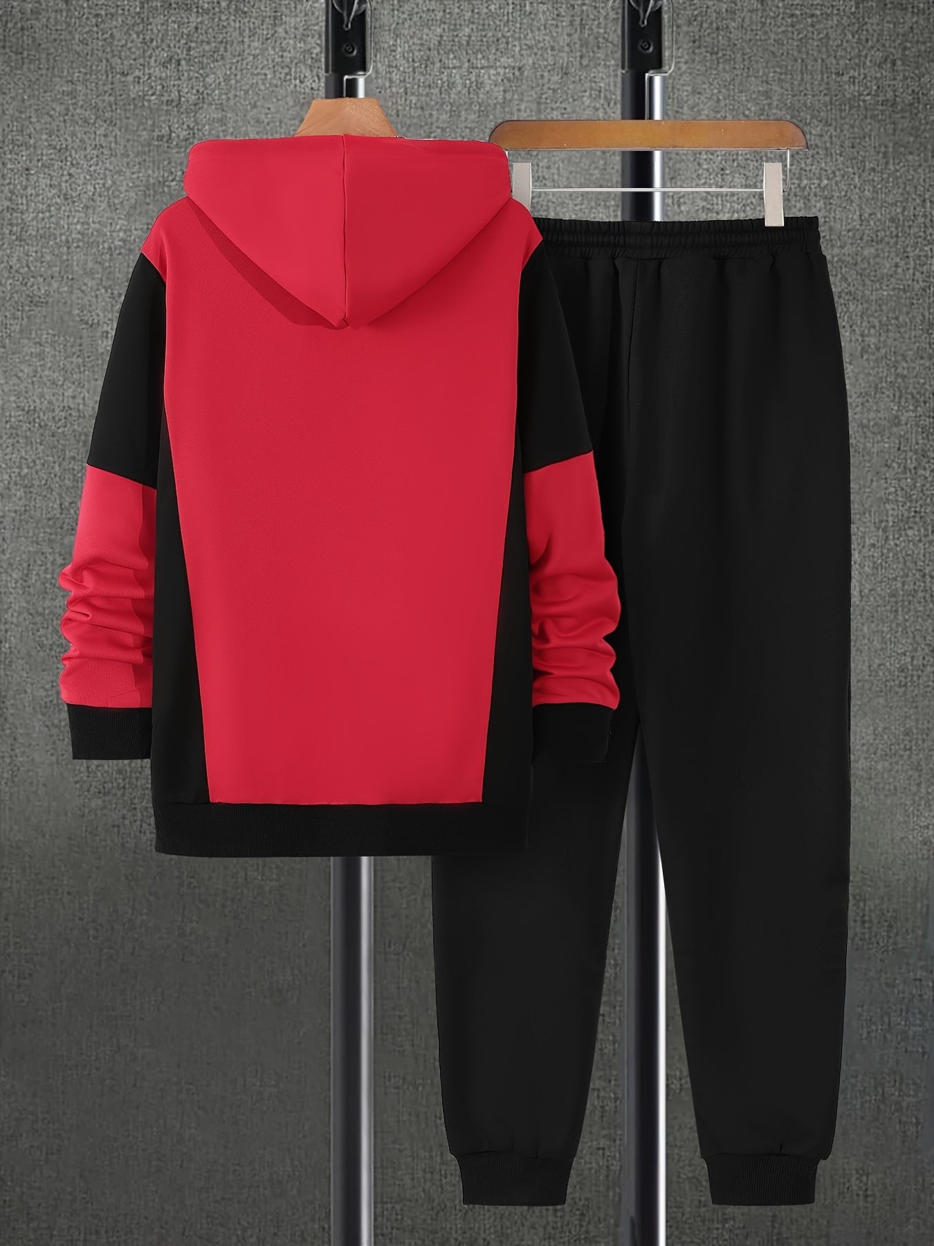 Men's Autumn Color-Blocked Zip-Up Hoodie with Side Pockets And Solid Color Drawstring Long Pants Set.