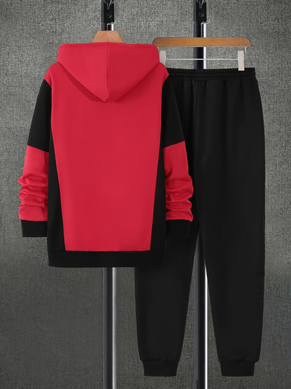 Men's Autumn Color-Blocked Zip-Up Hoodie with Side Pockets And Solid Color Drawstring Long Pants Set.