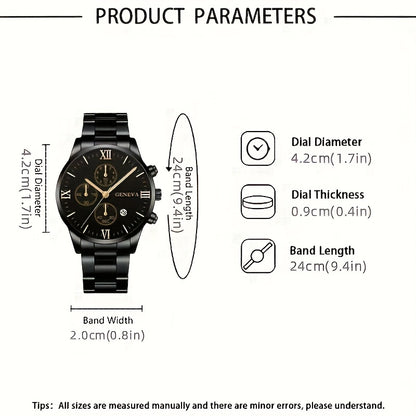 1pc Men's Stylish Black Quartz Watch with Stainless Steel Band - Elegant Roman Numerals, Date Display, and Golden Accents - Perfect Gift for Christmas, Thanksgiving, Valentine's Day - Ideal for Him or Family, Date Feature Wat