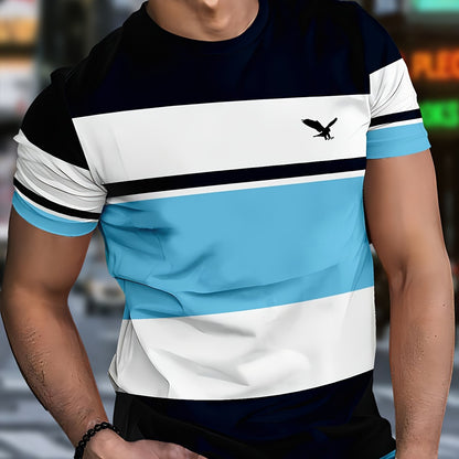 Men's 3D Digital Print Short Sleeve T-Shirt - Bold Striped Color Block Design, Breathable Round Neck, Lightweight All-Season Casual Tee, Machine Washable, Everyday Outfit, Modern Fashion, Durable Tee, Printed Shirt, Streetwea