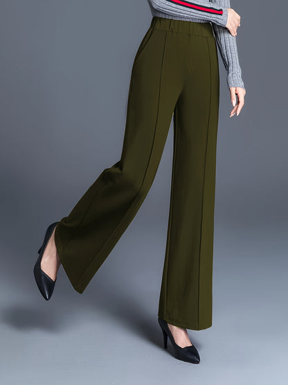 Women'S Olive Green Straight Leg Pants - Stretchy High-Waist, Casual & Comfortable, Ideal for Daily Commute & Casual Attire, Casual Wear|Straight Leg Pants|Stretchy Fabric
