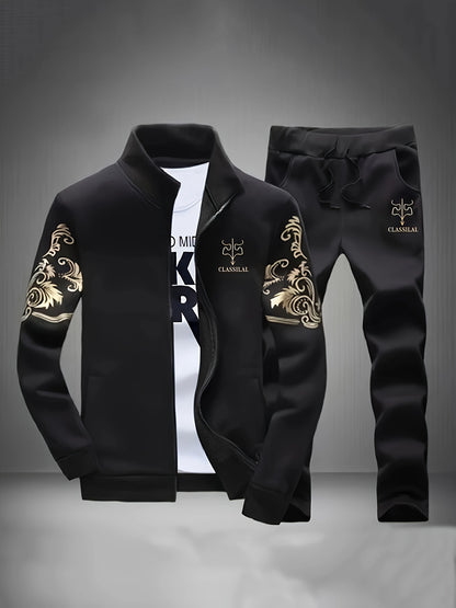 Men'S Navy Blue "Shan Yes" Print Casual Sports Suit - Zip-Up Hoodie & Joggers with Pockets, Regular Fit for Spring & Fall, Comfortable Leisure Wear, Leisure Wear Hoodie | Sporty Hoodie | Zipper Closure, Essential Hoodie