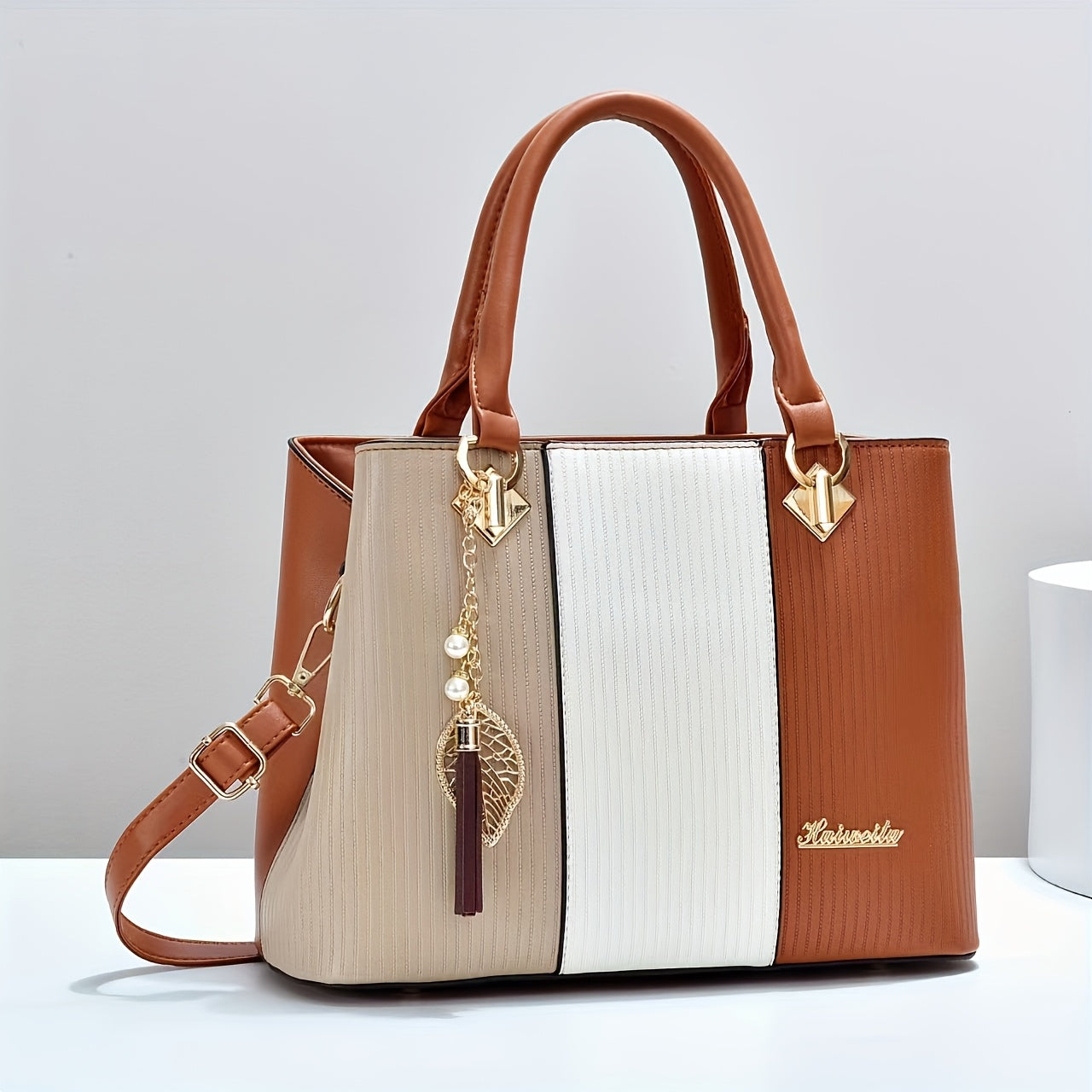 Elegant Red & Black Striped Handbag with Golden Accents - Adjustable Shoulder Strap, Zipper Closure, Polyester Lining, Stylish Mom & Everyday Bag, Everyday Handbag|Striped Pattern Tote|Durable Handle Tote