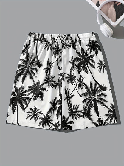 Men's Tropical Coconut Tree Print Drawstring Shorts - Casual, Loose-Fit Beachwear with Pockets