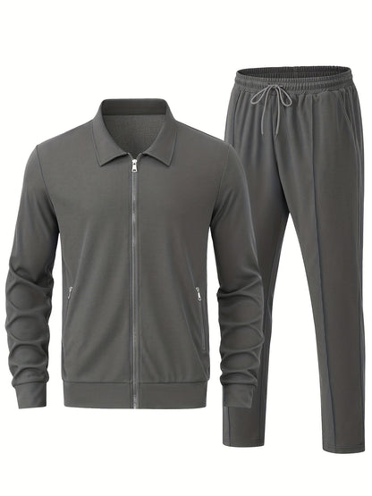 Men's Solid Waffle 2pcs Athletic Outfits, Zip-up Jacket & Pants co ord set for Outdoor Sports