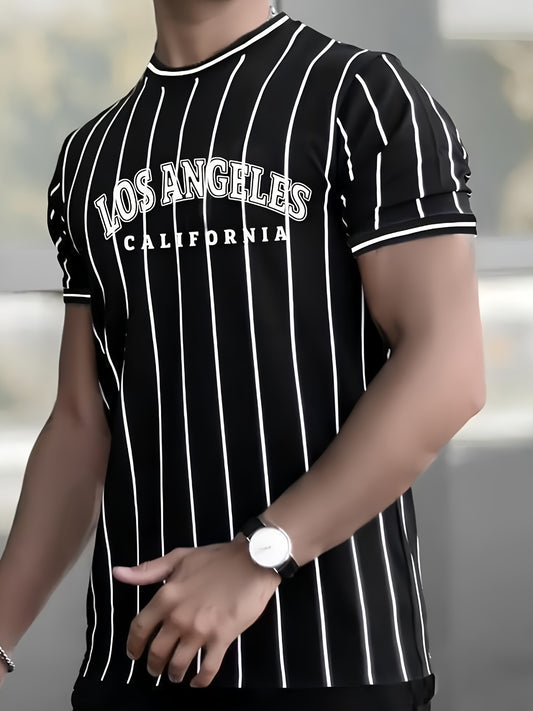 Men's Los Angeles California Graphic T-Shirt - Black & White Striped Casual Streetwear Tee, Breathable Summer Crew Neck Short Sleeve Top, Regular Fit, Everyday Streetwear | Smooth Texture Fabric