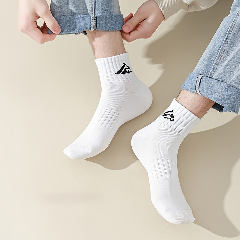 Mountain Pattern 5 Pairs Solid Men's Crew Socks, Breathable Comfy Casual Socks Versatile Fashion Sports Socks For Outdoor Fitness Basketball Running