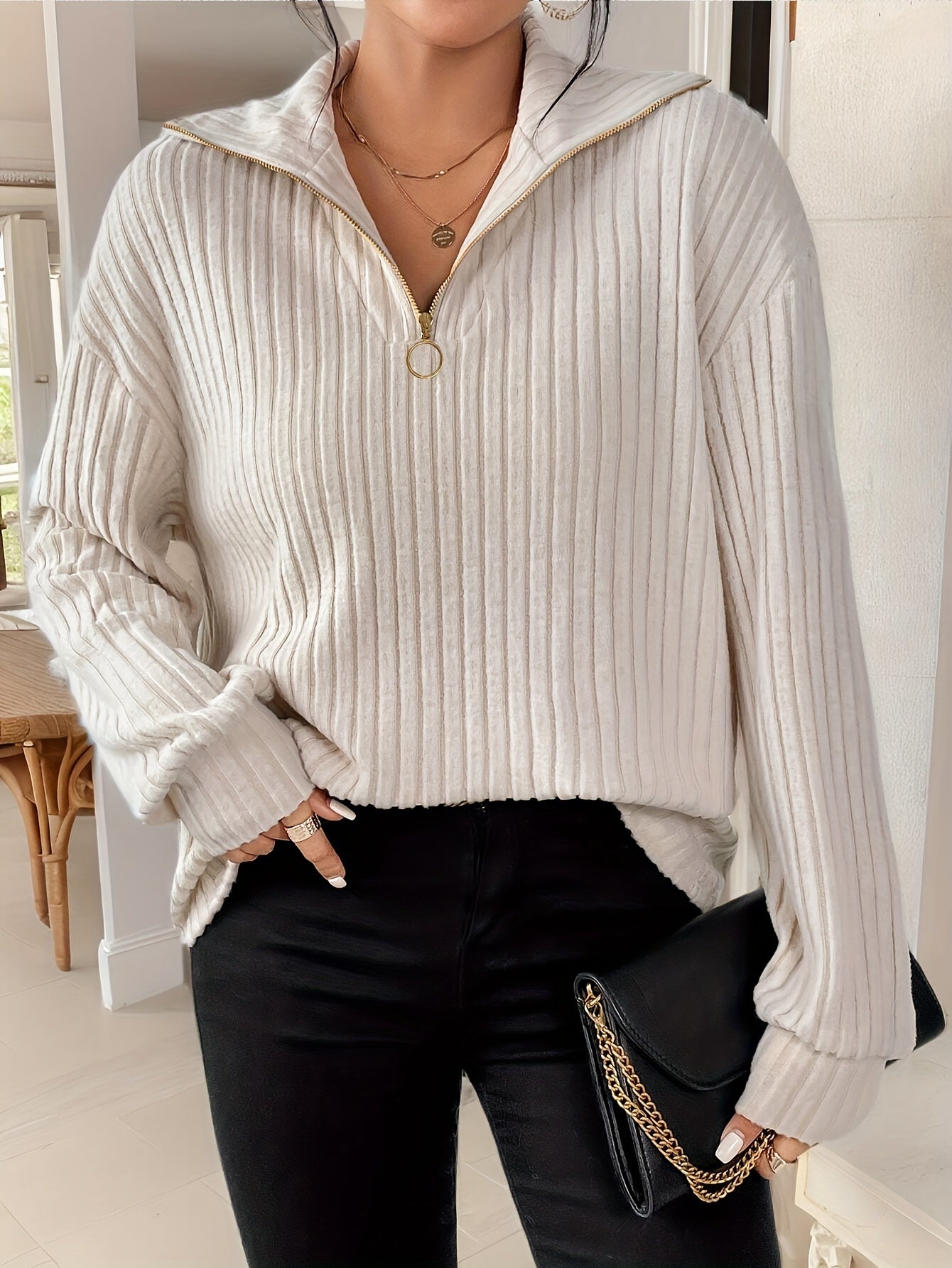 [Everyday Elegance] Women's Elegant Ribbed Knit Collared T-Shirt - Black, Long Sleeve, Zip-Up Design, Soft Polyester Blend, Machine Washable, Perfect for Spring & Fall, Ladies T Shirts