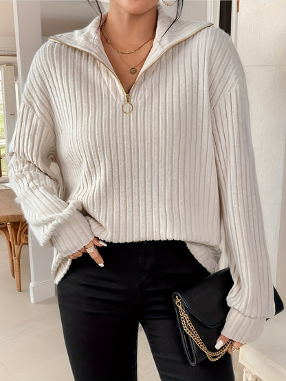 [Everyday Elegance] Women's Elegant Ribbed Knit Collared T-Shirt - Black, Long Sleeve, Zip-Up Design, Soft Polyester Blend, Machine Washable, Perfect for Spring & Fall, Ladies T Shirts