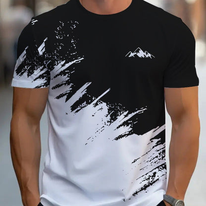 Men's Short-Sleeve T-Shirt with Bold Black & White Mountain Graphic Print - Breathable Summer Casual Tee, Regular Fit Round Neck, Hand Wash Only, Leisure Clothing, Modern Tee, Nontransparent Fabric, Daily Outfit, Creative Pat