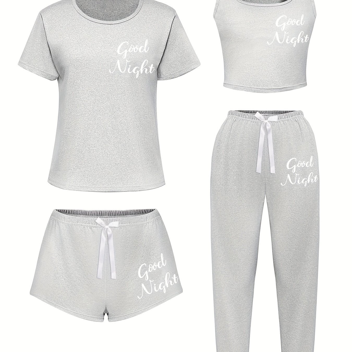 4pcs Women'S Sleepwear Set - Soft & Casual "Good Night" Print, Short Sleeve T-Shirt, Shorts & Pants with Bow Detail - Perfect for Spring, Summer, Fall & Winter - Soft, Comfortable Loungewear
