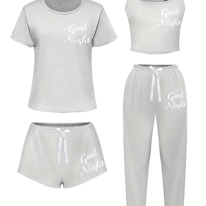 4pcs Women'S Sleepwear Set - Soft & Casual "Good Night" Print, Short Sleeve T-Shirt, Shorts & Pants with Bow Detail - Perfect for Spring, Summer, Fall & Winter - Soft, Comfortable Loungewear
