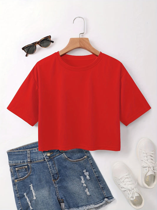 Women's Red Crop Top T-Shirt - Casual Short Sleeve, Loose Fit, Solid Color, Polyester, Machine Washable, Round Neck - Perfect for Summer