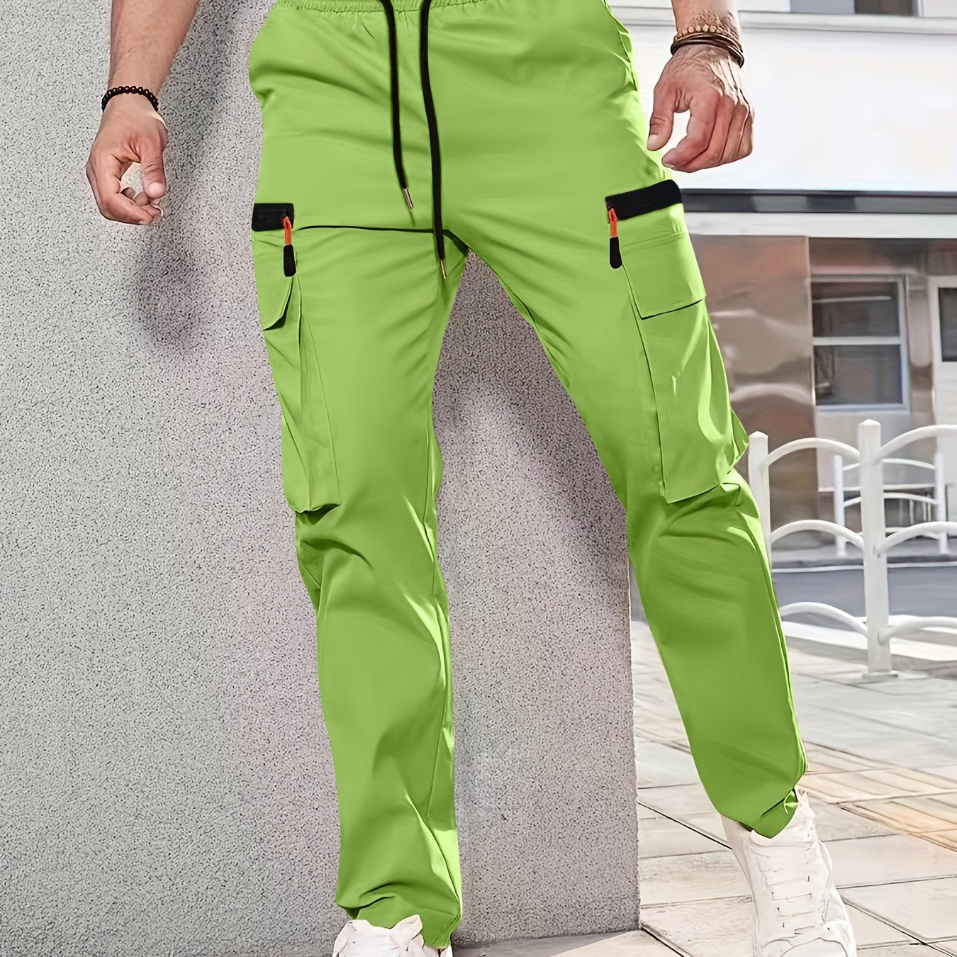 1pc Men'S Fashion Casual Cargo Pants, Solid Color Polyester Non-Stretch Fabric, All-Season Regular Fit with Multiple Pockets, Woven Straight-Leg Trousers for Sports and Leisure